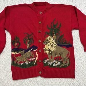 Vintage Lion Button Down Cardigan Sweater Red Women’s